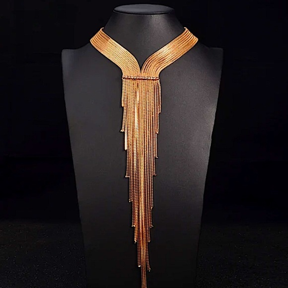 Gold Chain Tassel Rhinestone Accent Fringe Statement Collier Necklace - Picture 4 of 7